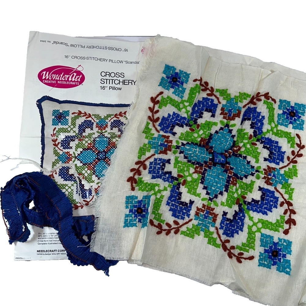 Vtg 16"‎ Pillow Kit WonderArt Stamped Cross Stitchery Blue Scandia Incomplete